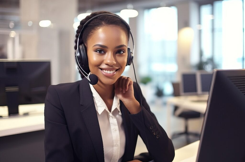 Junge erfolgreiche Geschäftsfrau mit Headset und Computer strahlt Selbstbewusstsein in modernem Büro aus, Generative AI.