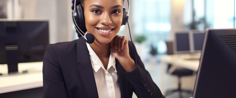 Junge erfolgreiche Geschäftsfrau mit Headset und Computer strahlt Selbstbewusstsein in modernem Büro aus, Generative AI.